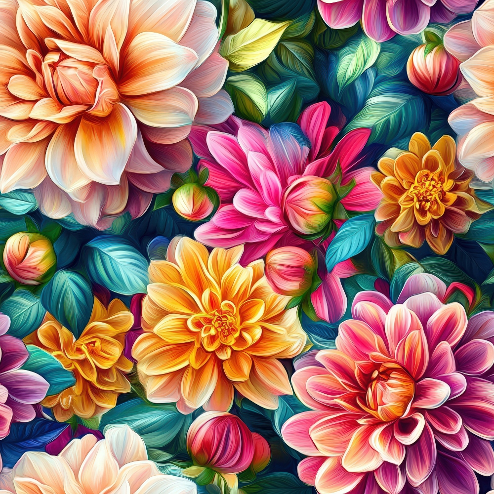 vibrant florals, dahlia flowers, peach blooms, pink petals, orange flowers, purple blossoms, teal leaves, botanical design, layered petals, 3d effect, realistic flowers, lush foliage, garden theme,, fabric panel, floral pattern, blooming dahlias, colorful petals, nature motif, spring flowers