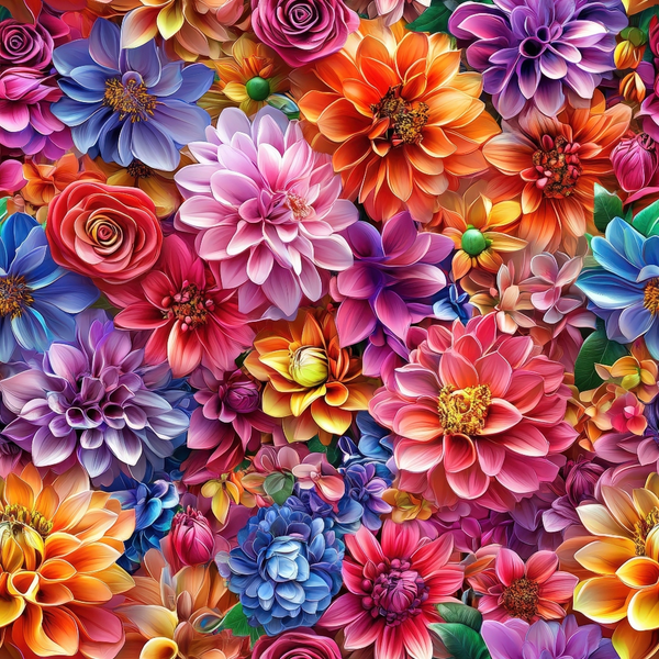3d effect, colorful florals, vibrant flowers, dahlias, roses, multi-colored blooms, pink flowers, blue flowers, orange flowers, purple flowers, red flowers, yellow flowers, floral pattern, botanical design, realistic flowers, dimensional appearance,, fabric panel, bright colors, flower garden