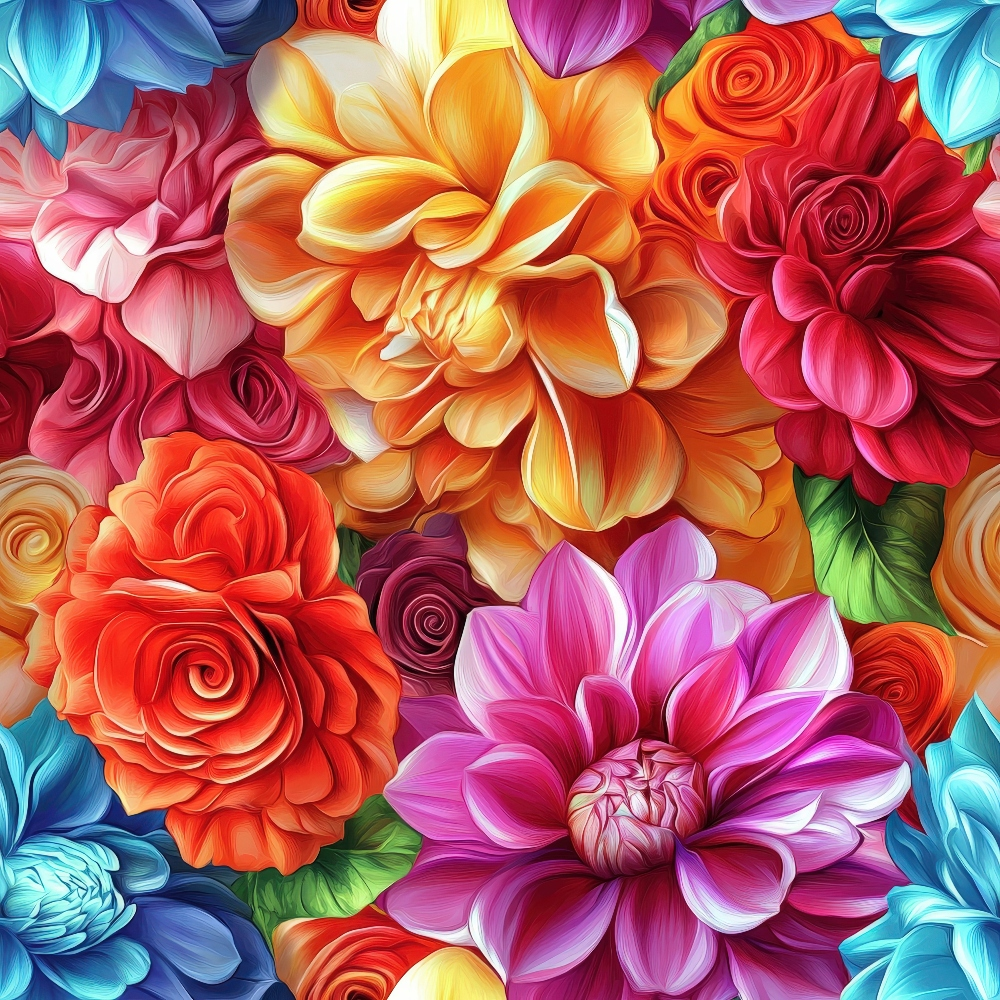 vibrant flowers, dahlia blooms, roses, 3d effect, orange petals, pink florals, purple flowers, blue accents, red roses, yellow highlights, botanical pattern, layered petals, realistic florals, dimensional design,, fabric panel, blooming garden, floral arrangement, colorful bouquet, saturated colors