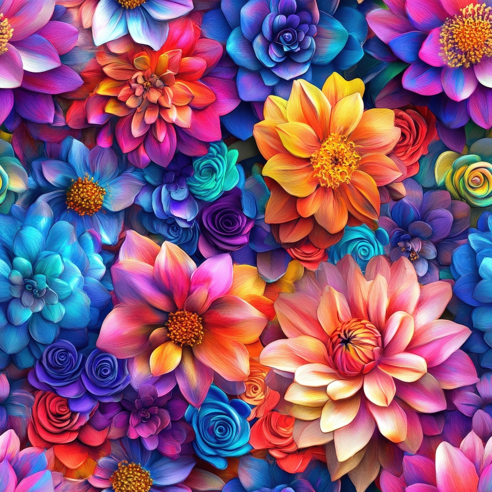 3d florals, vibrant flowers, dahlias, roses, succulents, rainbow colors, purple petals, blue blooms, orange flowers, pink blossoms, yellow centers, turquoise accents, magenta hues, dimensional effect, layered petals,, fabric panel, floral pattern, botanical design, colorful garden, bright blooms