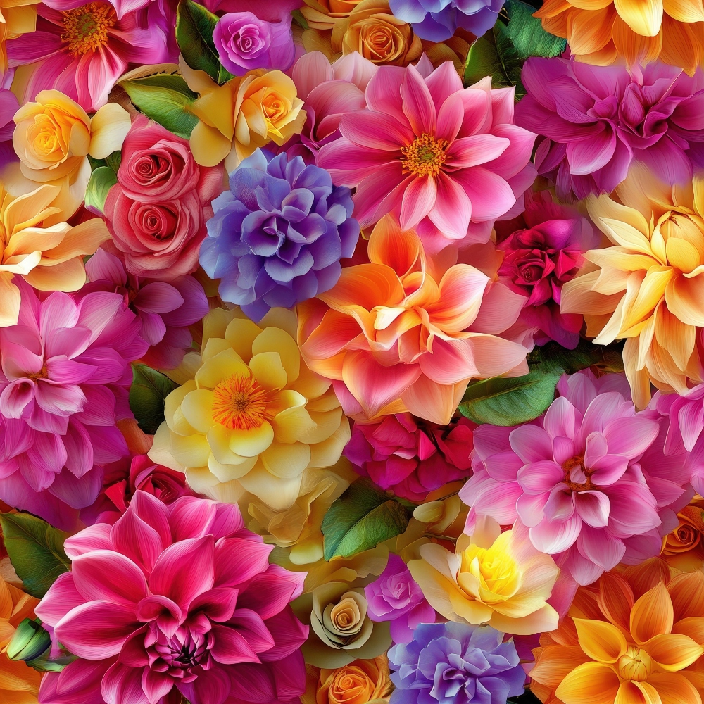 vibrant florals, pink roses, orange dahlias, purple flowers, yellow blooms, magenta petals, coral blossoms, 3d effect, realistic flowers, dense floral pattern,, fabric panel, bright colors, layered blooms, mixed flower varieties, photorealistic style, saturated hues, overlapping petals, garden flowers, crafting material