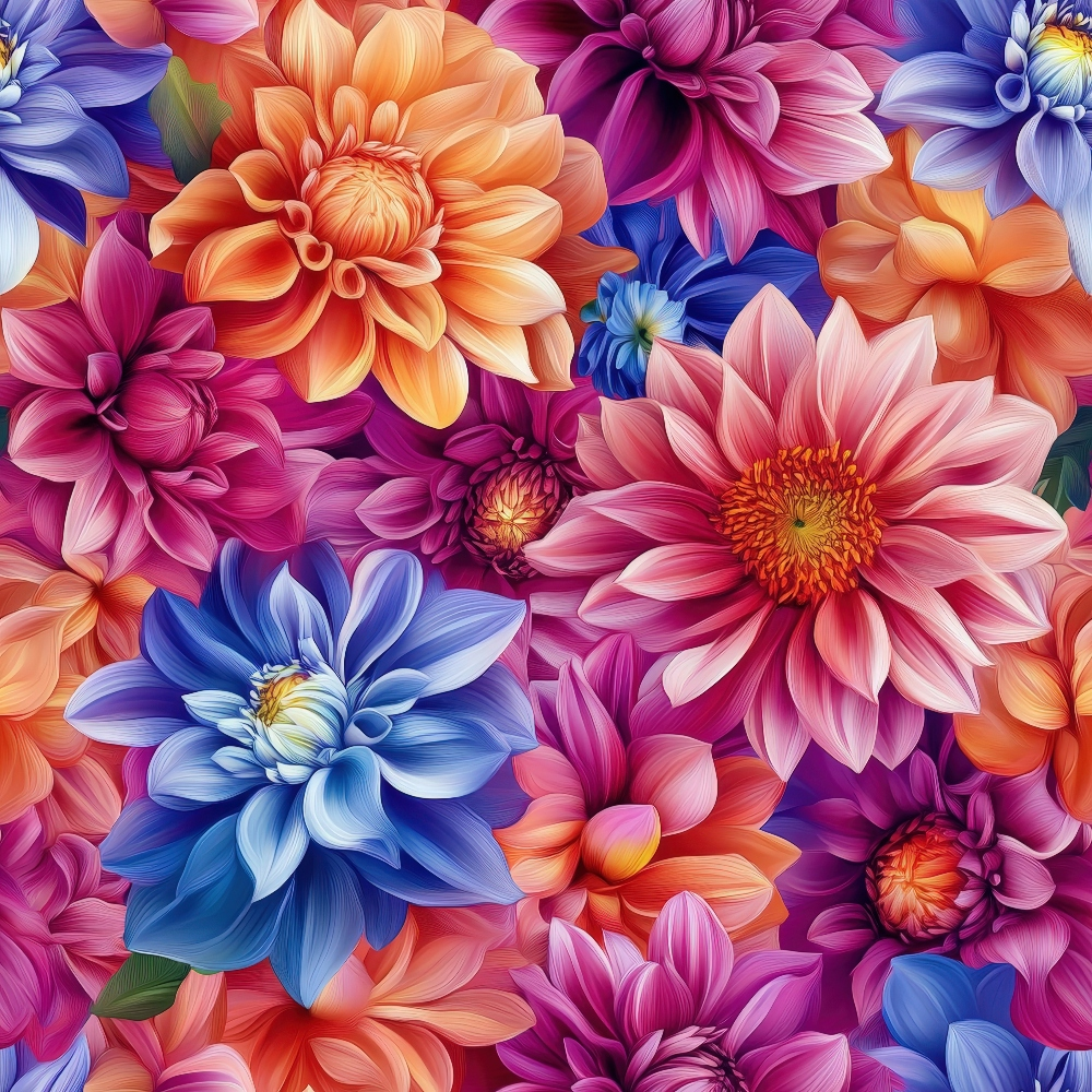 3d effect, vibrant florals, dahlia flowers, orange blooms, purple flowers, blue dahlias, pink petals, coral accents, layered petals, realistic flowers, dimensional design, floral pattern,, fabric panel, botanical print, garden flowers, summer blooms, bright colors, detailed stamens, overlapping flowers