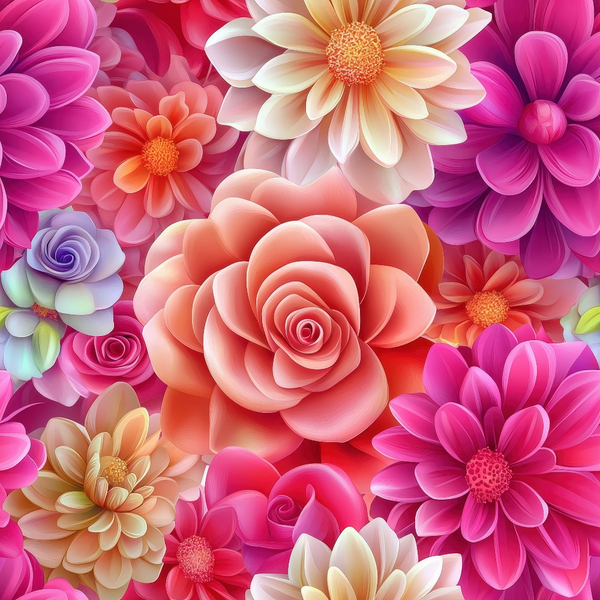 3d florals, colorful flowers, pink blooms, coral roses, purple flowers, orange daisies, layered petals, dimensional design, botanical pattern, vibrant colors,, fabric panel, floral arrangement, blooming flowers, textured appearance, garden flowers, mixed blooms, realistic florals, crafting fabric, sewing material