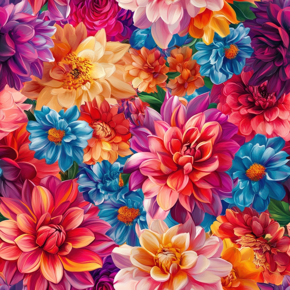 vibrant florals, 3d effect, dahlias, pink flowers, blue flowers, orange blooms, purple petals, red flowers, yellow centers, botanical pattern, layered petals, densely packed, saturated colors,, fabric panel, floral motifs, blooming flowers, jewel tones, painterly style, spring flowers