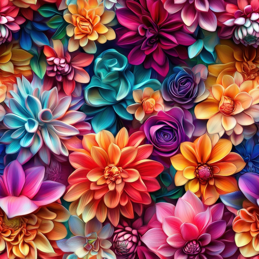 3d floral, colorful flowers, dahlia blooms, rose petals, vibrant pink, turquoise blue, orange blossoms, purple flowers, magenta petals, teal accents, dimensional design, layered petals, botanical pattern,, fabric panel, artistic florals, saturated colors, floral arrangement, modern design, bright palette