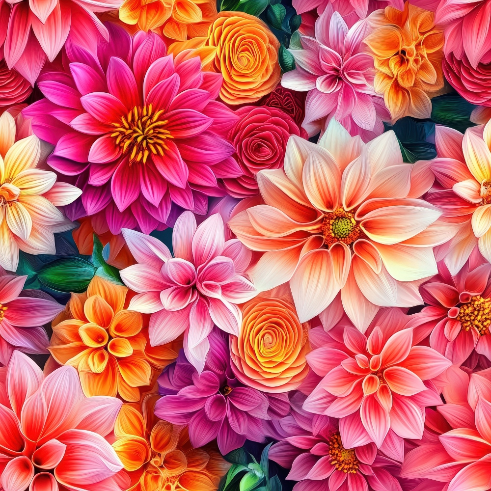vibrant pink, coral orange, magenta, peach, yellow accents, emerald green, 3d floral pattern, dahlias, roses, tropical flowers, layered petals, dimensional blooms,, fabric panel, botanical design, lush garden, spring flowers, summer florals, realistic texture, dense floral arrangement