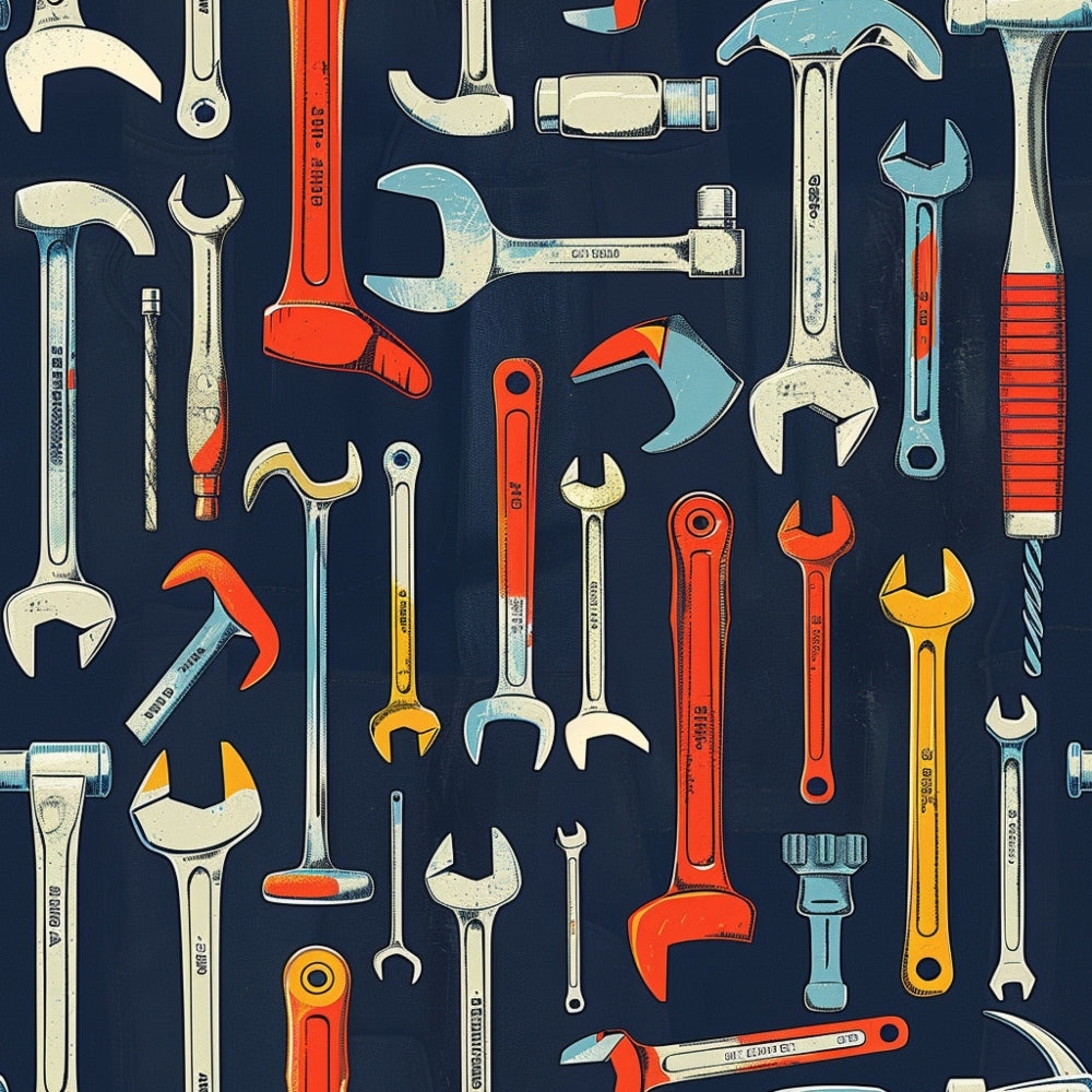 A pattern of various hand tools, including wrenches, screwdrivers, and hammers, in red, silver, and blue against a dark background.