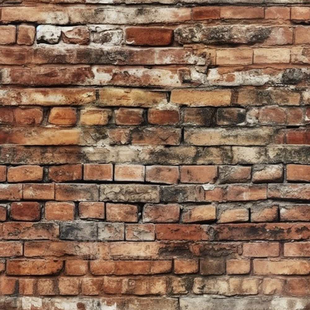 brick wall, weathered brick, rustic texture, brown tones, reddish brown, tan, beige, aged mortar, distressed surface, vintage brick,, fabric panel, realistic print, architectural pattern, worn appearance, earth tones, textured design, building materials, mason work, cotton fabric