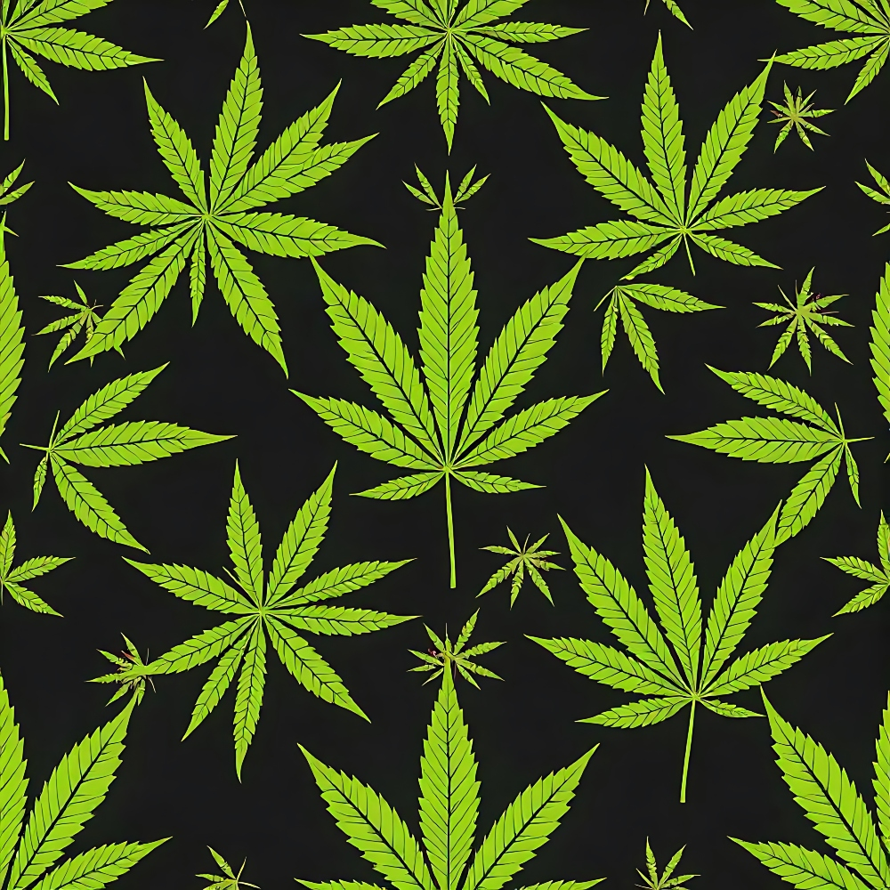 green, black, marijuana leaves, cannabis pattern, botanical design, allover print,, fabric panel, repeating pattern, emerald green, forest green, lime green, nature motif, leaf silhouettes, contemporary style, scattered placement, detailed veining, serrated edges, craft fabric, sewing material