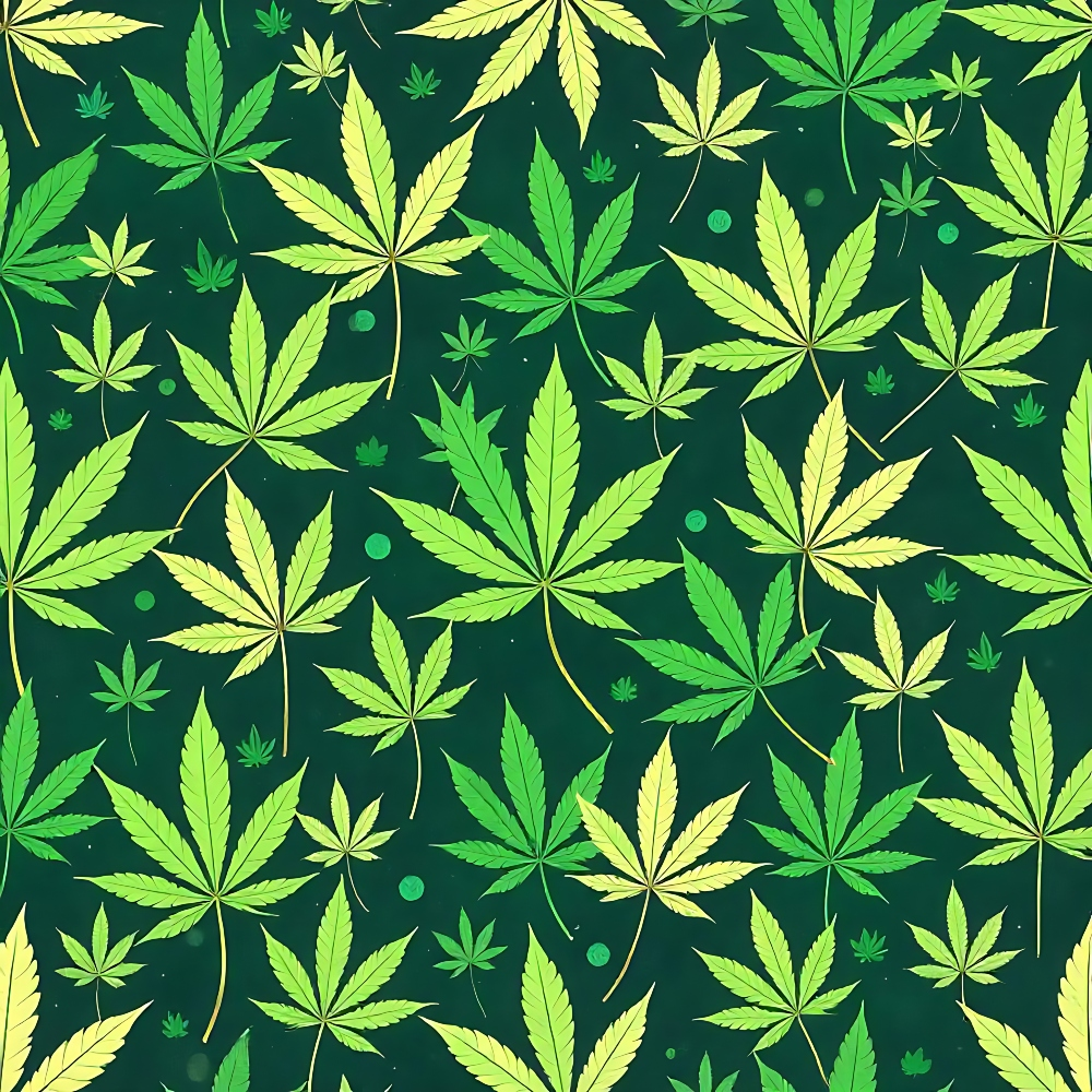 marijuana leaves, cannabis pattern, forest green, lime green, yellow-green, botanical design, leaf motifs, allover print,, fabric panel, nature theme, herbal pattern, scattered leaves, organic shapes, bright greens, repeating design, craft fabric, sewing material, plant illustration, contemporary style