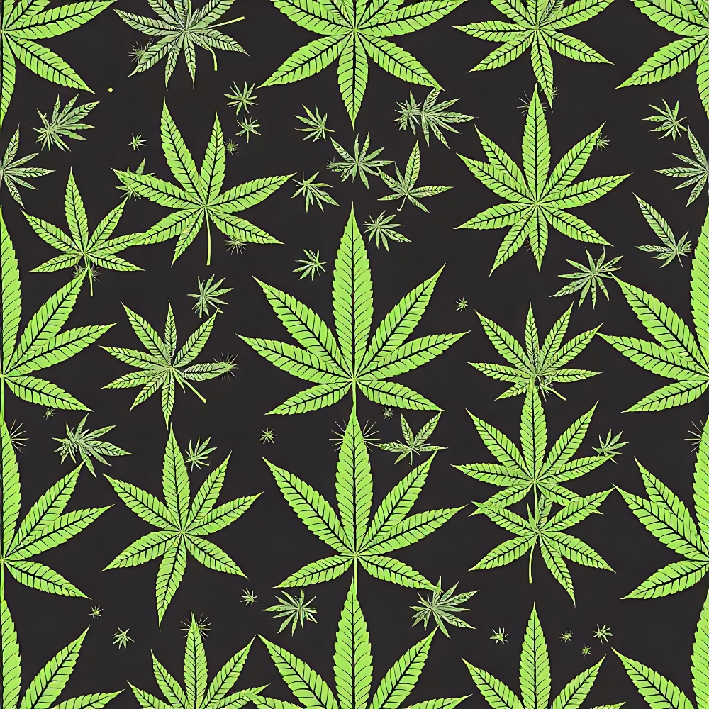 black background, bright green, lime green, marijuana leaves, cannabis pattern, botanical design, allover repeat,, fabric panel, 420 theme, hemp leaves, scattered motif, contemporary style, recreational theme, adult novelty, craft fabric, sewing material, modern print, leaf silhouettes, geometric arrangement