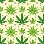 marijuana leaves, cannabis pattern, green leaves, cream background, orange accents, teal blue dots, botanical design, repeating pattern,, fabric panel, nature motif, herbal theme, modern pattern, scattered elements, leaf silhouettes, contemporary style, craft fabric, sewing material, allover print, decorative motifs