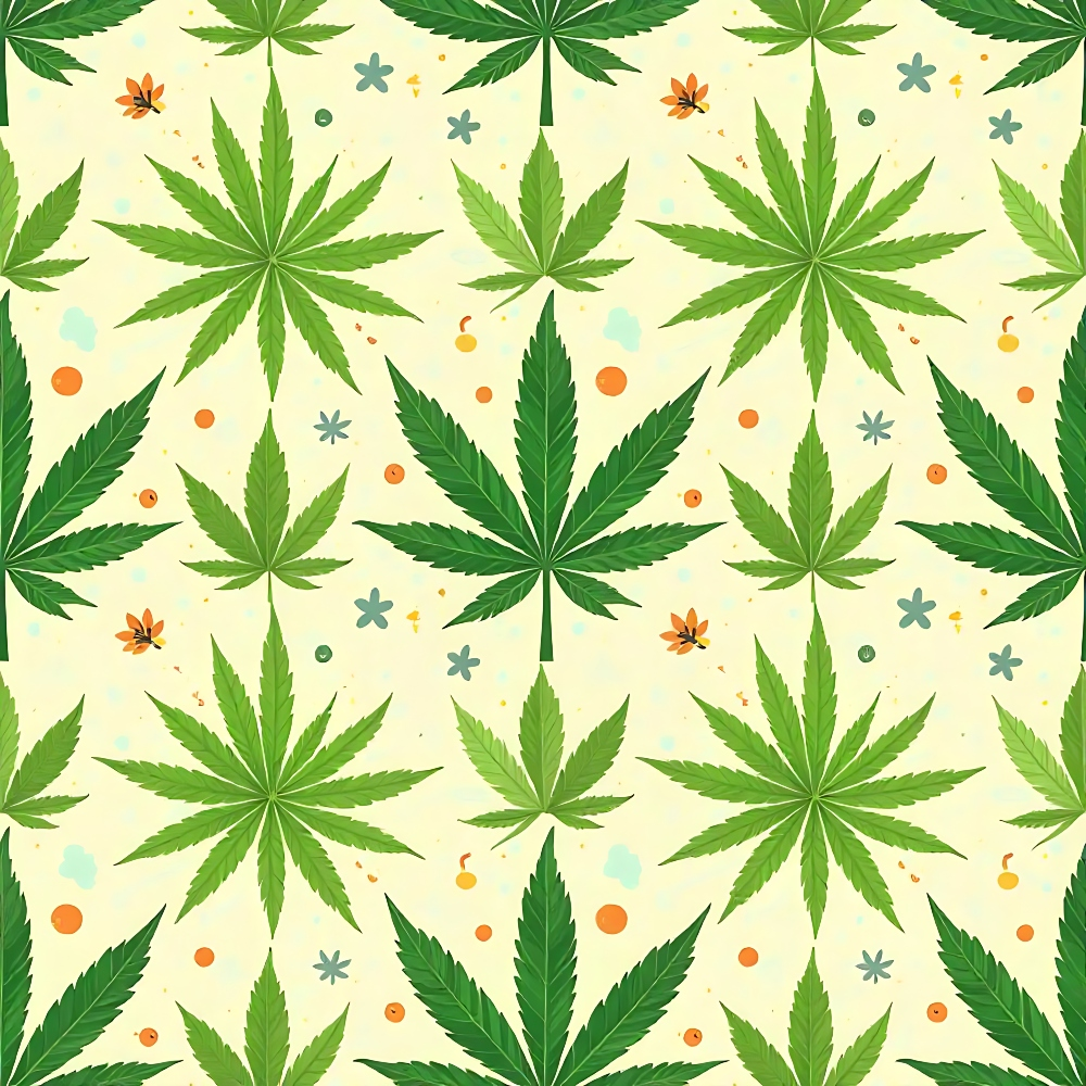 marijuana leaves, cannabis pattern, green leaves, cream background, orange accents, teal blue dots, botanical design, repeating pattern,, fabric panel, nature motif, herbal theme, modern pattern, scattered elements, leaf silhouettes, contemporary style, craft fabric, sewing material, allover print, decorative motifs