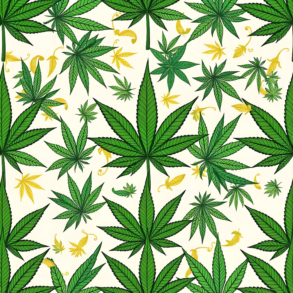 cannabis leaves, marijuana pattern, green leaves, yellow accents, botanical design, allover print,, fabric panel, hemp leaves, nature motif, leaf pattern, cream background, botanical illustration, repetitive design, plant imagery, cannabis sativa, herbal pattern, organic shapes, decorative leaves, textile design