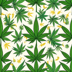 cannabis leaves, marijuana pattern, green leaves, yellow accents, botanical design, allover print,, fabric panel, hemp leaves, nature motif, leaf pattern, cream background, botanical illustration, repetitive design, plant imagery, cannabis sativa, herbal pattern, organic shapes, decorative leaves, textile design