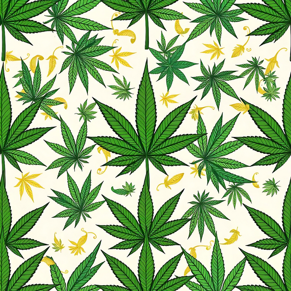 cannabis leaves, marijuana pattern, green leaves, yellow accents, botanical design, allover print,, fabric panel, hemp leaves, nature motif, leaf pattern, cream background, botanical illustration, repetitive design, plant imagery, cannabis sativa, herbal pattern, organic shapes, decorative leaves, textile design