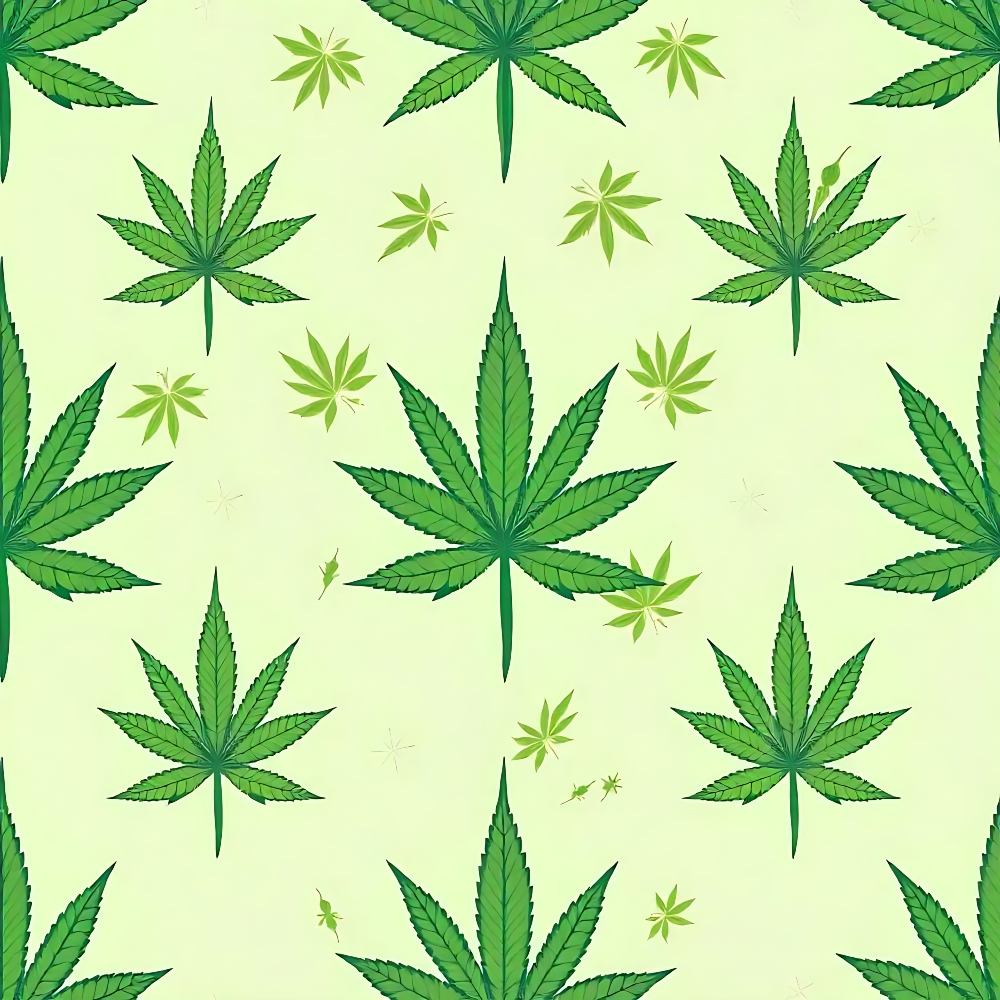 marijuana leaves, cannabis pattern, green foliage, lime green, forest green, pale yellow background, botanical design, repeating pattern, allover print,, fabric panel, leaf motifs, serrated edges, nature inspired, contemporary style, craft fabric, sewing material, cannabis culture, herbal theme