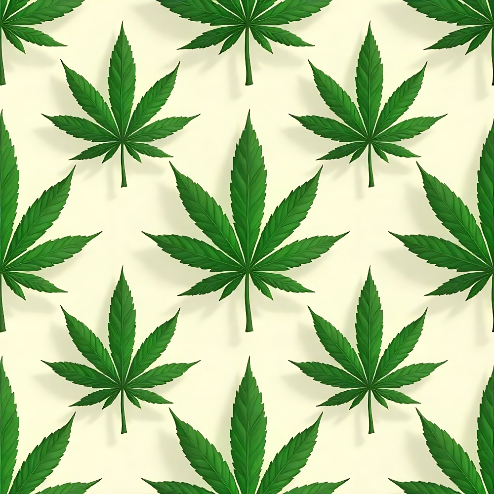 green leaves, cannabis pattern, marijuana motif, botanical design, leaf silhouettes, repeating pattern, allover print, cream background, sage green, forest green, nature theme,, fabric panel, contemporary style, geometric arrangement, serrated edges, plant imagery, modern botanical, crafting material, sewing fabric