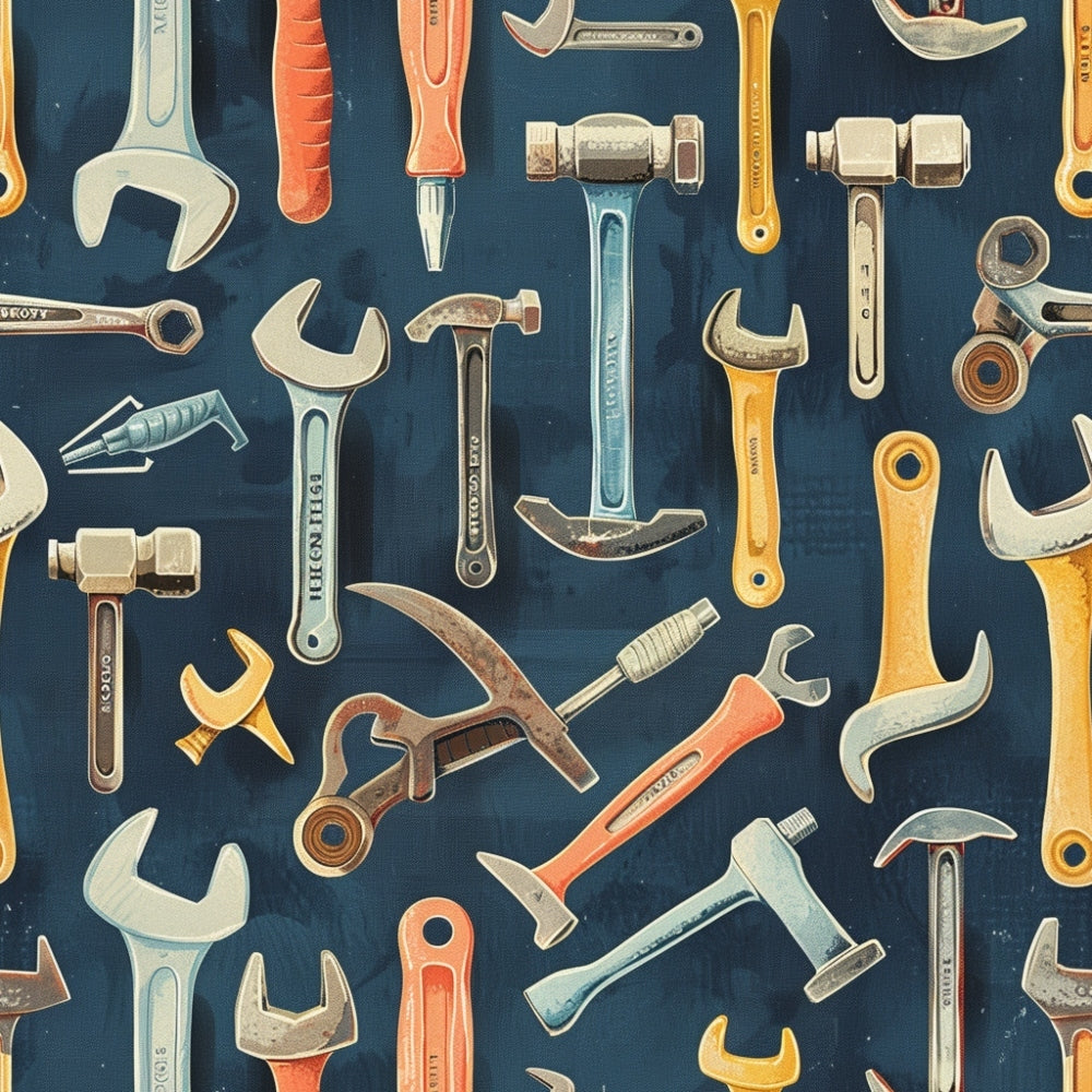 Various colorful wrenches, hammers, and screwdrivers arranged randomly on a blue background.