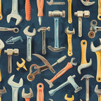 Various colorful wrenches, hammers, and screwdrivers arranged randomly on a blue background.