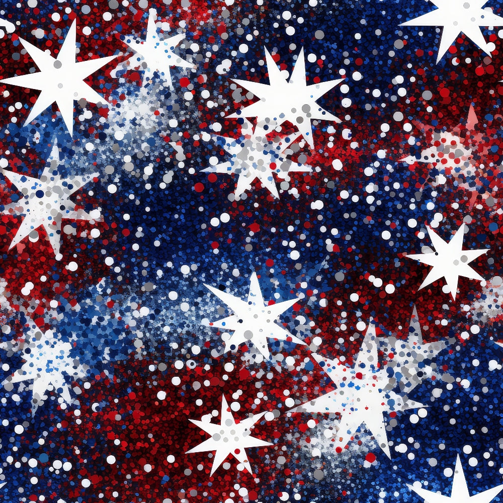 red, white, blue, patriotic, stars, glitter effect, sparkles, dots, speckled pattern, fireworks design, american flag colors, celebration theme, fourth of july, independence day,, fabric panel, festive, shimmery texture, scattered stars, confetti pattern