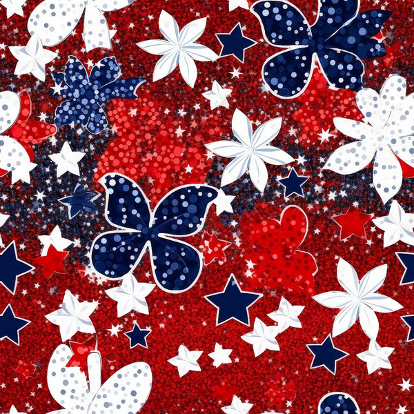 red, white, blue, patriotic, stars, flowers, glitter effect, sparkly, fireworks pattern, fourth of july, independence day,, fabric panel, festive, americana, cotton fabric, holiday themed, geometric flowers, star shapes, shimmery texture