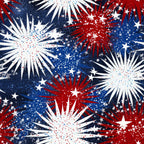 red, white, blue, fireworks, stars, sparkles, glitter effect, patriotic, fourth of july, independence day, bursts, radiating lines,, fabric panel, festive, celebration, american flag colors, starburst pattern, explosive design, holiday themed