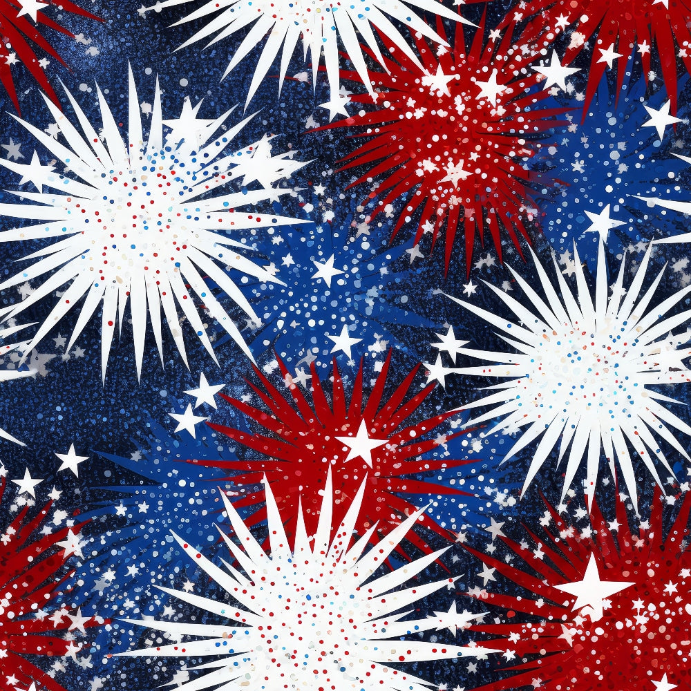 red, white, blue, fireworks, stars, sparkles, glitter effect, patriotic, fourth of july, independence day, bursts, radiating lines,, fabric panel, festive, celebration, american flag colors, starburst pattern, explosive design, holiday themed