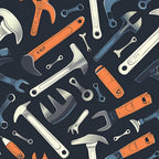 A variety of wrenches and tools, in shades of orange and blue, randomly arranged on a dark background.