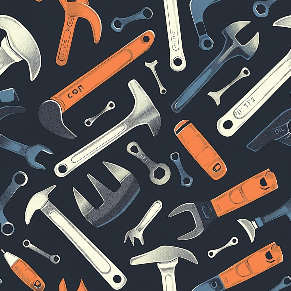 A variety of wrenches and tools, in shades of orange and blue, randomly arranged on a dark background.