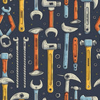 Illustrated pattern of various hand tools, including wrenches, hammers, and screwdrivers, on a dark background. Tools are colored in blue, orange, and yellow.