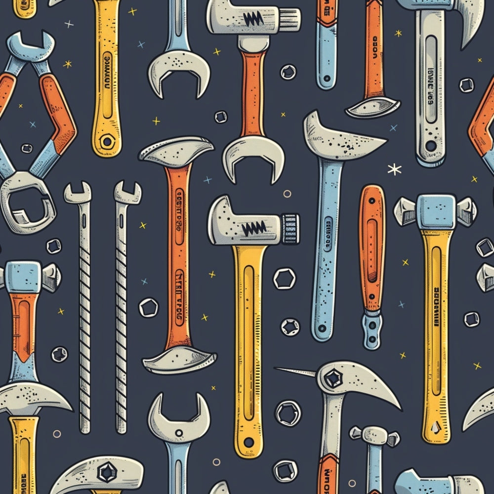 Illustrated pattern of various hand tools, including wrenches, hammers, and screwdrivers, on a dark background. Tools are colored in blue, orange, and yellow.
