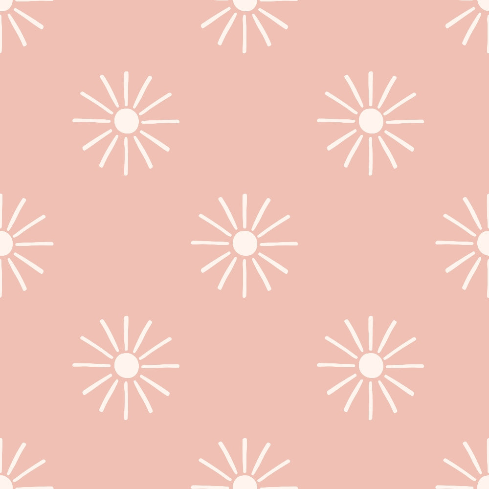 blush pink, coral pink, white, starburst pattern, sunburst design, geometric shapes, radiating lines, boho style, groovy pattern, retro design, 70s aesthetic,, fabric panel, repeating motif, mid-century modern, bohemian vibes, circular motifs, vintage inspired