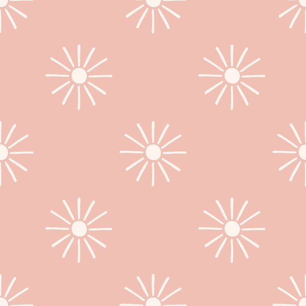 blush pink, coral pink, white, starburst pattern, sunburst design, geometric shapes, radiating lines, boho style, groovy pattern, retro design, 70s aesthetic,, fabric panel, repeating motif, mid-century modern, bohemian vibes, circular motifs, vintage inspired