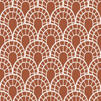rust brown, terracotta, cream white, geometric pattern, art deco scales, overlapping semicircles, fan motifs, radiating lines, 70s retro, boho style, groovy design, repetitive pattern,, fabric panel, vintage inspired, warm earth tones, concentric arcs, mosaic style, bohemian aesthetic