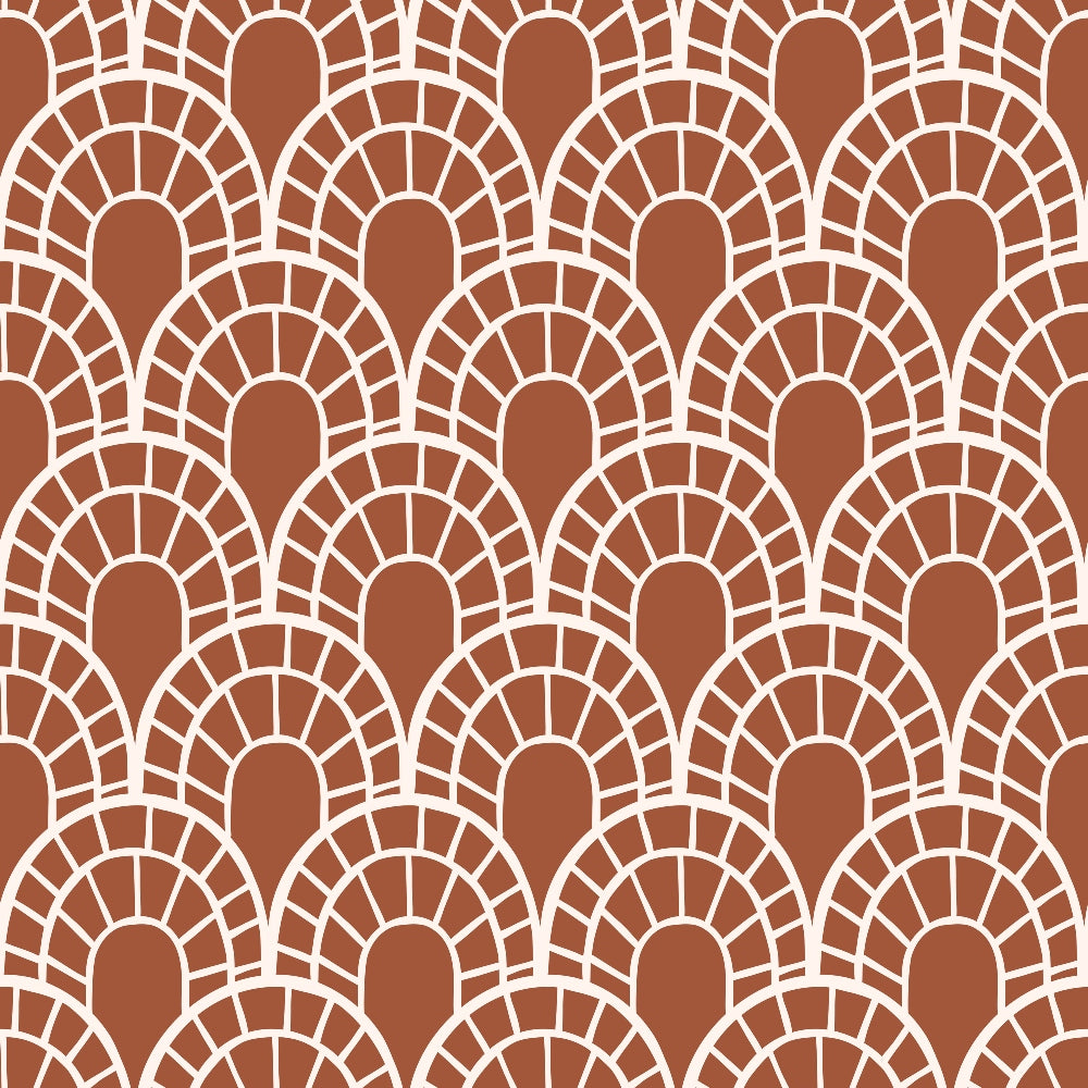 rust brown, terracotta, cream white, geometric pattern, art deco scales, overlapping semicircles, fan motifs, radiating lines, 70s retro, boho style, groovy design, repetitive pattern,, fabric panel, vintage inspired, warm earth tones, concentric arcs, mosaic style, bohemian aesthetic