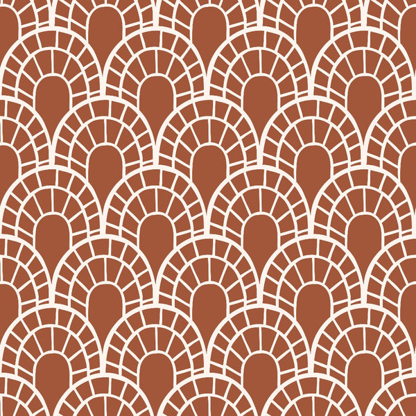 rust brown, terracotta, cream white, geometric pattern, art deco scales, overlapping semicircles, fan motifs, radiating lines, 70s retro, boho style, groovy design, repetitive pattern,, fabric panel, vintage inspired, warm earth tones, concentric arcs, mosaic style, bohemian aesthetic