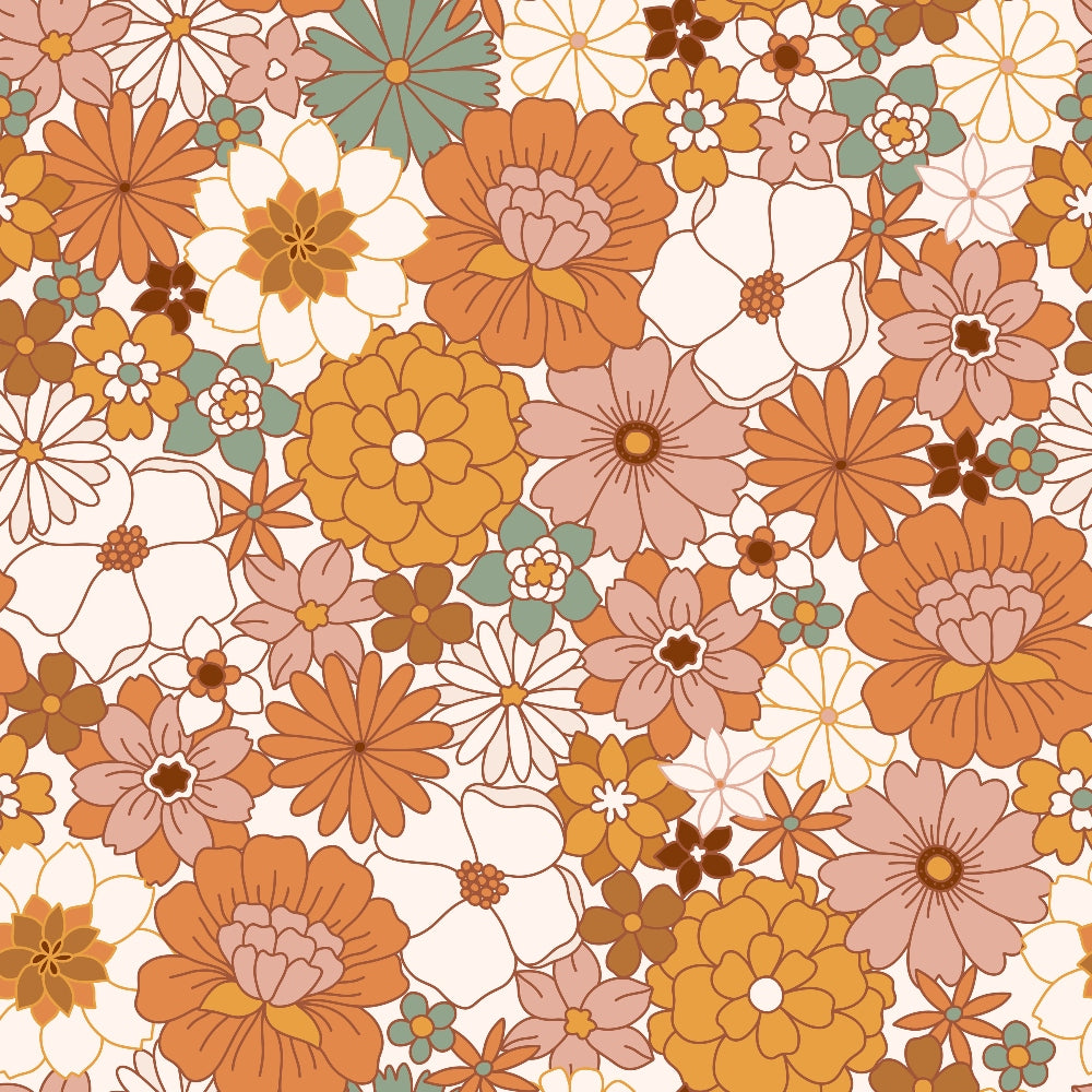 70s groovy, boho pattern,, fabric panel, floral design, retro flowers, orange blooms, pink blossoms, mustard yellow, sage green, cream white, brown accents, vintage florals, psychedelic style, bohemian aesthetic, overlapping flowers, daisy motifs, groovy vibes, retro craft fabric