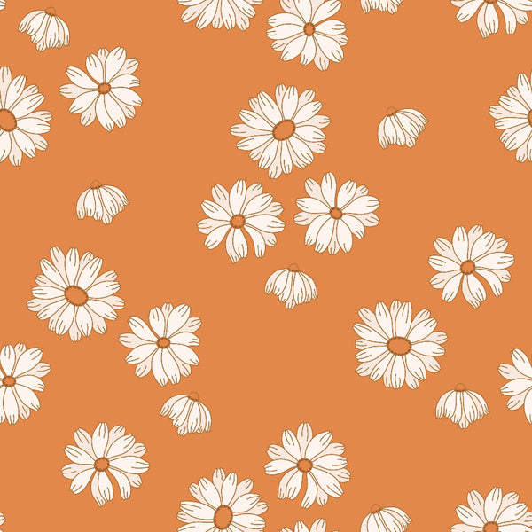 orange background, white flowers, daisy pattern, floral design, boho style, groovy aesthetic, 70s retro, scattered flowers,, fabric panel, bohemian pattern, vintage inspired, flower power, repetitive design, burnt orange, cream petals, handdrawn style, whimsical florals