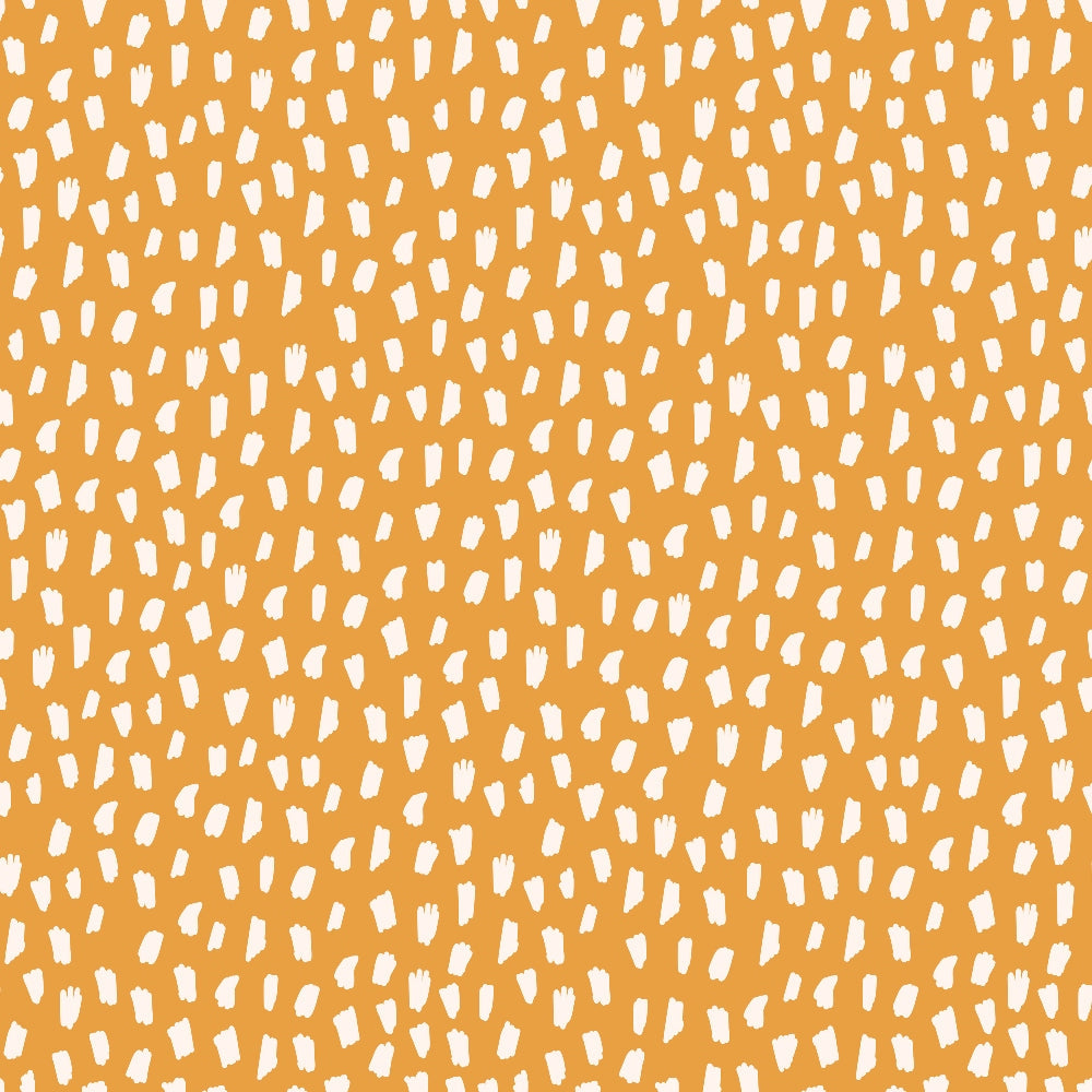orange, white, brushstrokes, abstract dots, hand-painted marks, organic shapes, scattered pattern, boho style, groovy design, 70s retro,, fabric panel, artistic texture, painterly strokes, irregular dots, bohemian pattern, vintage inspired, earthy orange, creative design