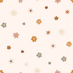 70s groovy, boho pattern,, fabric panel, floral motifs, retro flowers, earth tones, orange blooms, pink petals, sage green, brown accents, cream background, scattered design, vintage style, hippie aesthetic, daisy chains, small florals, autumn colors, bohemian vibes, groovy florals