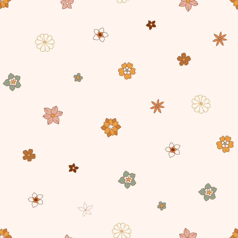 70s groovy, boho pattern,, fabric panel, floral motifs, retro flowers, earth tones, orange blooms, pink petals, sage green, brown accents, cream background, scattered design, vintage style, hippie aesthetic, daisy chains, small florals, autumn colors, bohemian vibes, groovy florals