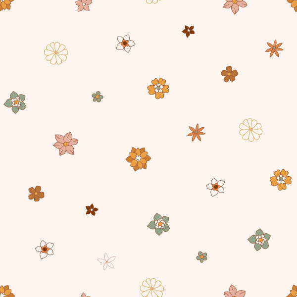 70s groovy, boho pattern,, fabric panel, floral motifs, retro flowers, earth tones, orange blooms, pink petals, sage green, brown accents, cream background, scattered design, vintage style, hippie aesthetic, daisy chains, small florals, autumn colors, bohemian vibes, groovy florals