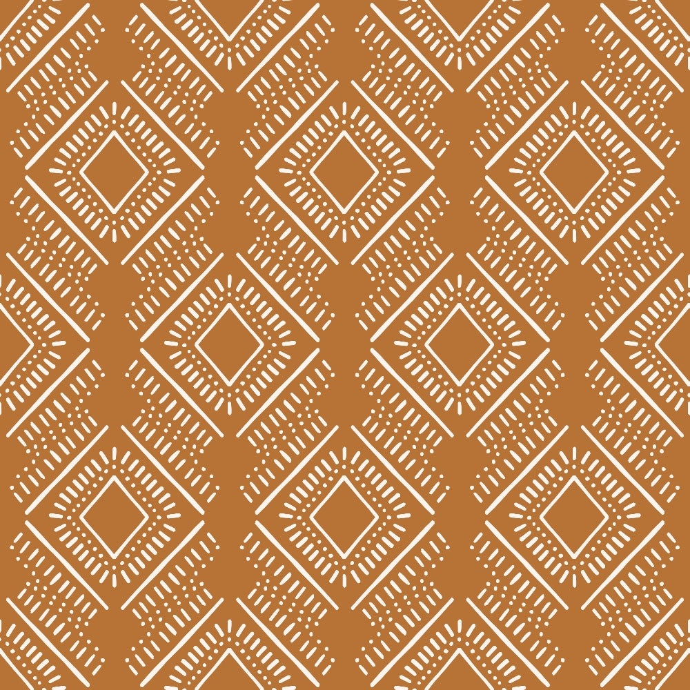 burnt orange, terracotta, geometric pattern, diamond motifs, concentric squares, radiating lines, dots and dashes, tribal design, bohemian style, 70s retro, groovy aesthetic, repetitive pattern, white linework,, fabric panel, ethnic inspired, southwestern style, earthy tones, boho chic