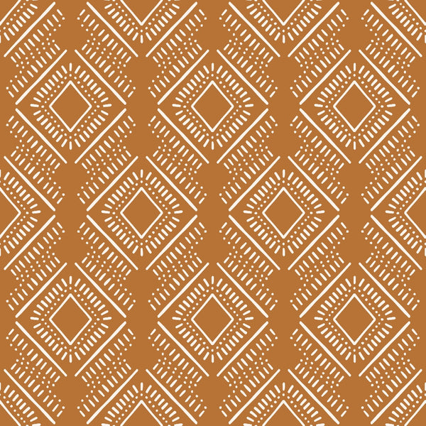 burnt orange, terracotta, geometric pattern, diamond motifs, concentric squares, radiating lines, dots and dashes, tribal design, bohemian style, 70s retro, groovy aesthetic, repetitive pattern, white linework,, fabric panel, ethnic inspired, southwestern style, earthy tones, boho chic