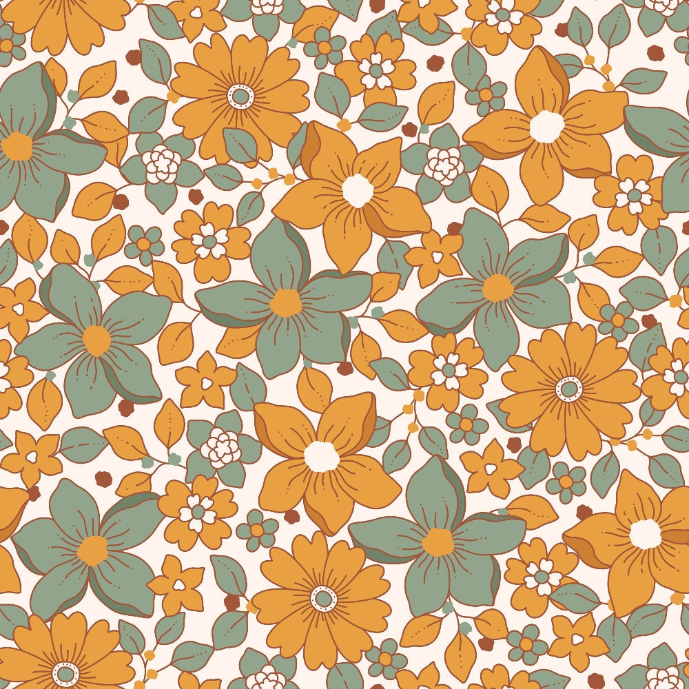 orange flowers, sage green, muted pink, cream background, retro floral, daisy motifs, botanical pattern, vintage style, 70s aesthetic, boho design, groovy flowers,, fabric panel, earth tones, floral repeating pattern, hippie style, nature inspired, soft pastels, flower power, organic shapes