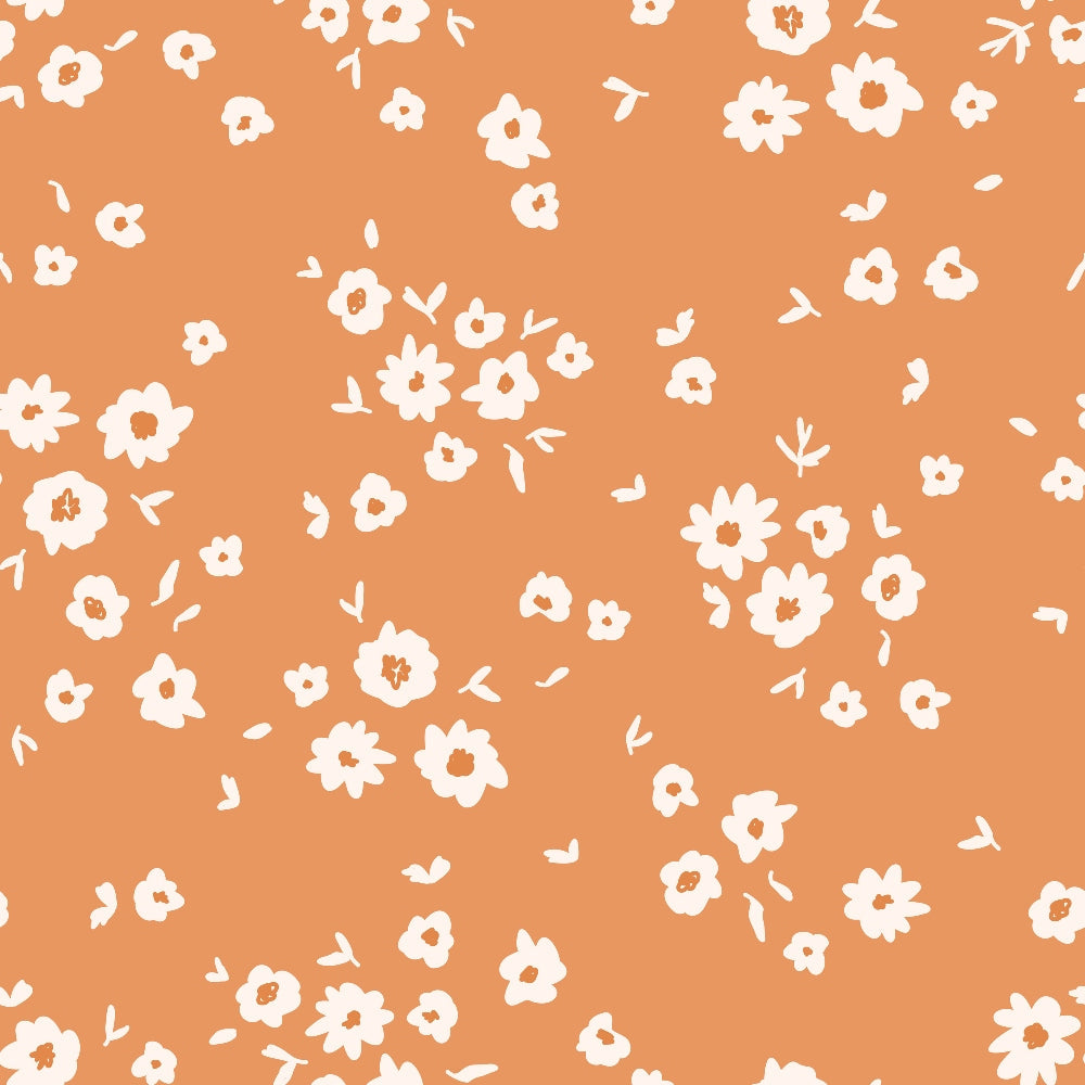 orange background, white flowers, coral fabric, retro floral, boho pattern, 70s style, small daisies, scattered blooms, vintage motif,, groovy design, peachy orange, ditsy floral, hippie aesthetic, fabric panel, bohemian style, flower power, burnt orange, cream petals