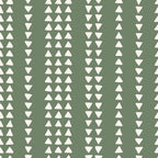 sage green, cream triangles, geometric pattern, vertical stripes, upward triangles, downward triangles, alternating rows, boho style, 70s retro, groovy design,, fabric panel, earthy tones, minimalist geometric, repetitive pattern, modern bohemian, triangle motifs, olive green background