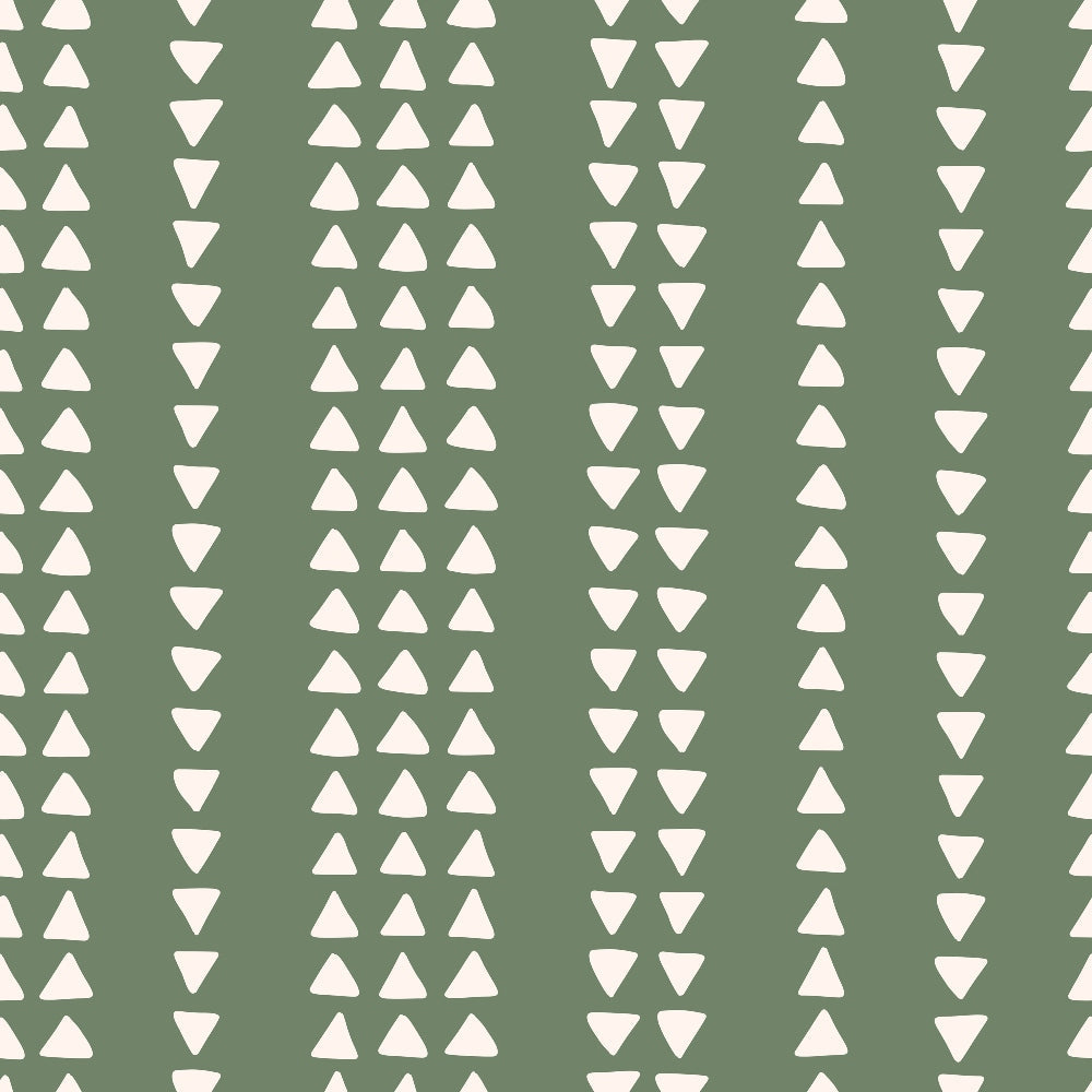 sage green, cream triangles, geometric pattern, vertical stripes, upward triangles, downward triangles, alternating rows, boho style, 70s retro, groovy design,, fabric panel, earthy tones, minimalist geometric, repetitive pattern, modern bohemian, triangle motifs, olive green background