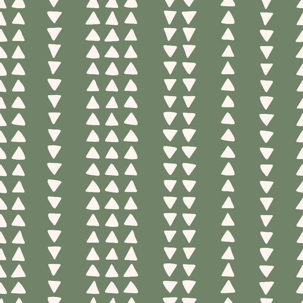 sage green, cream triangles, geometric pattern, vertical stripes, upward triangles, downward triangles, alternating rows, boho style, 70s retro, groovy design,, fabric panel, earthy tones, minimalist geometric, repetitive pattern, modern bohemian, triangle motifs, olive green background